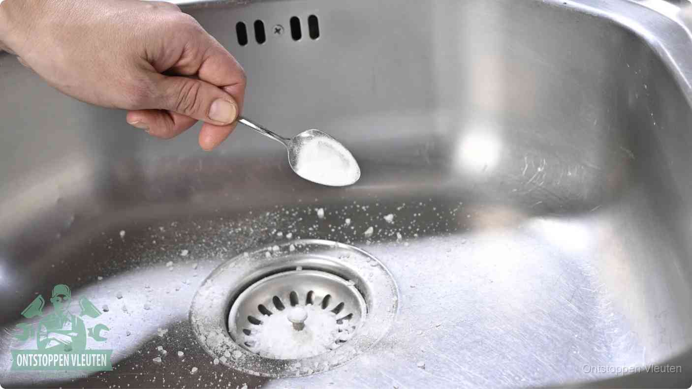 Een hand strooit soda in de afvoer van een roestvrijstalen spoelbak, zelf je gootsteen ontstoppen met soda en azijn in Vleuten